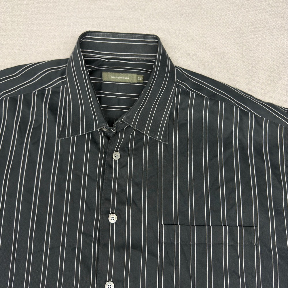 Ermenegildo Zegna Shirt Mens 2XB Black Striped Cotton Long Sleeve Button Down - Picture 3 of 7